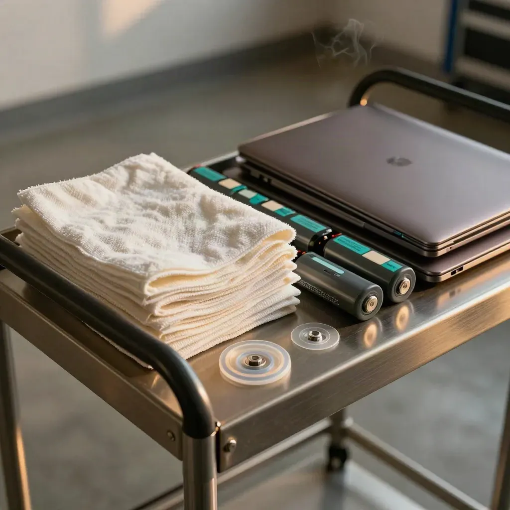 Wartungscart mit Tüchern, Akkus und zwei geschlossenen Laptops neben einer Prüf-Reihe.