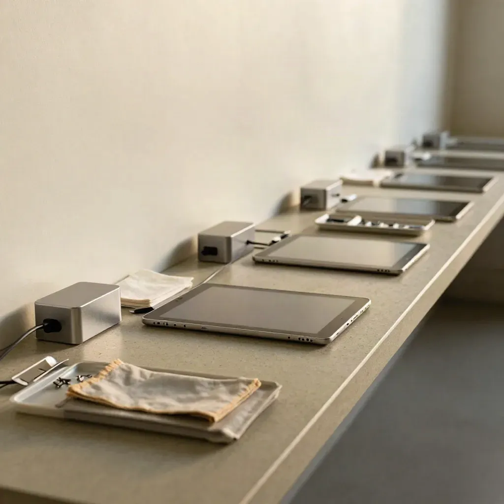 Wartungs-Tablets, Ladegeräte und Kleinteile auf einer Servicebank im hellen Raum.