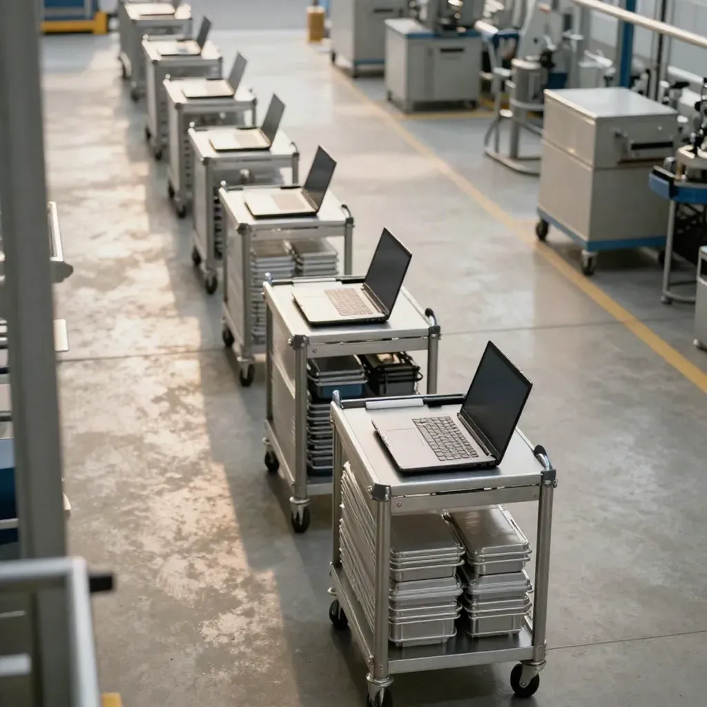 Von oben auf eine Werkhalle mit Servicewagen, Laptops und Kofferstapeln im Inventarbereich.