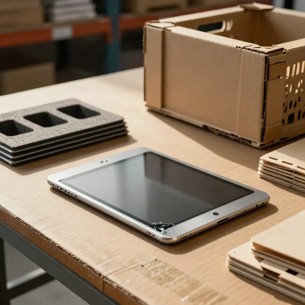 Beschädigtes Tablet mit Schaumstoff, Ersatzhüllen und Kiste auf einem Packtisch im Lager.