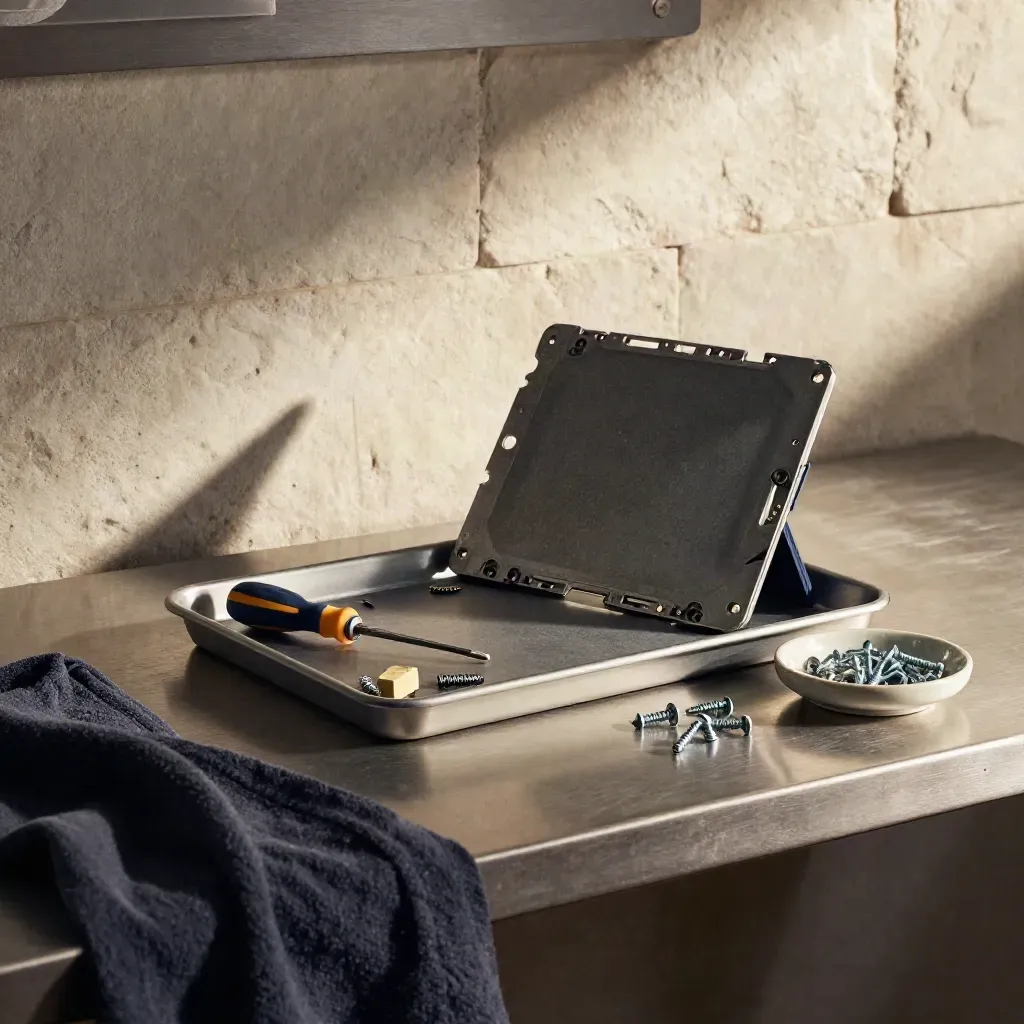 Offene Reparaturschale mit Tablet-Rückseite, Schraubendreher, Schrauben und Keramikschale.