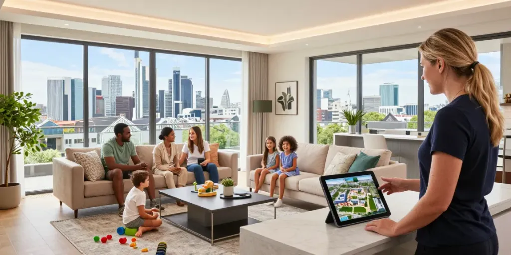 Bester Immobilienmakler Frankfurt präsentiert moderne Wohnräume für Familien in Frankfurt mit beeindruckendem Stadtblick.