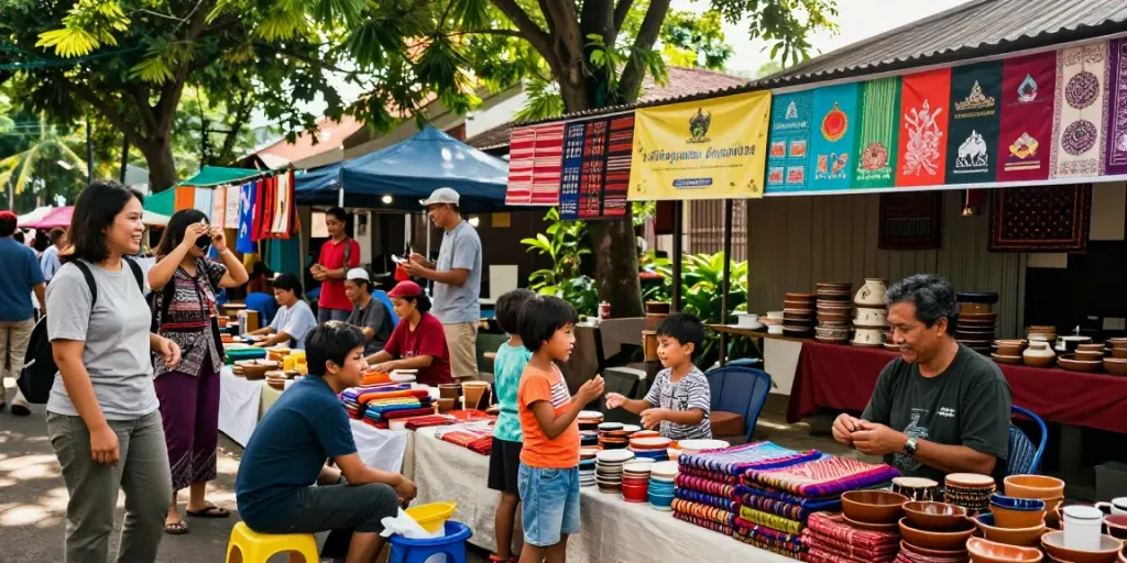 People engaging with local artisans at the vibrant ROKOK88 market showcasing Indonesian craftsmanship.